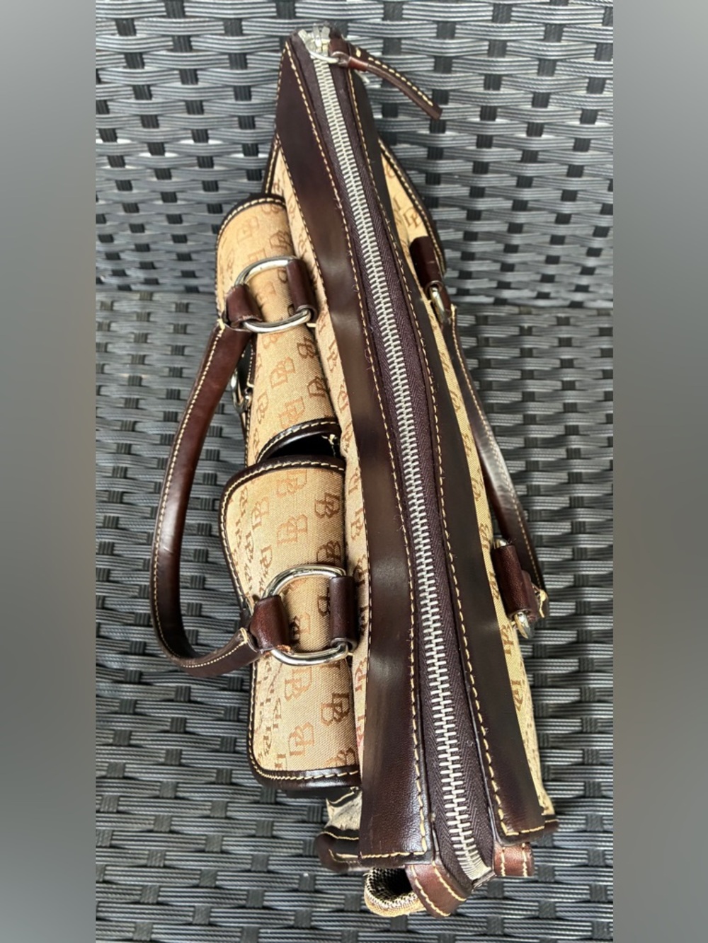 Dooney & Bourke Brown and Tan Signature Double-Pocket Satchel - Picture 10 of 16
